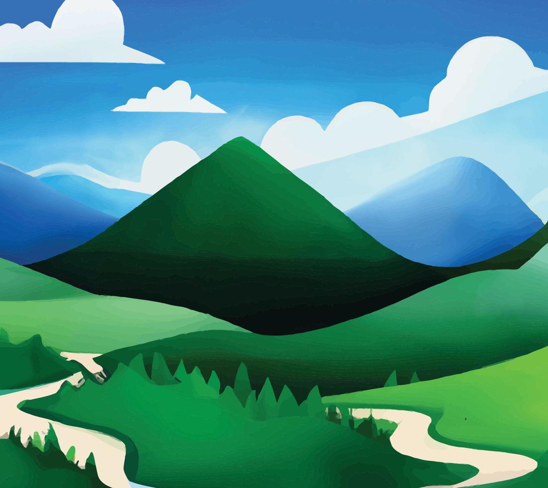 escena de la naturaleza con río y colinas, bosque y montaña, ilustración de  estilo de dibujos animados planos de paisaje 13534579 Vector en Vecteezy