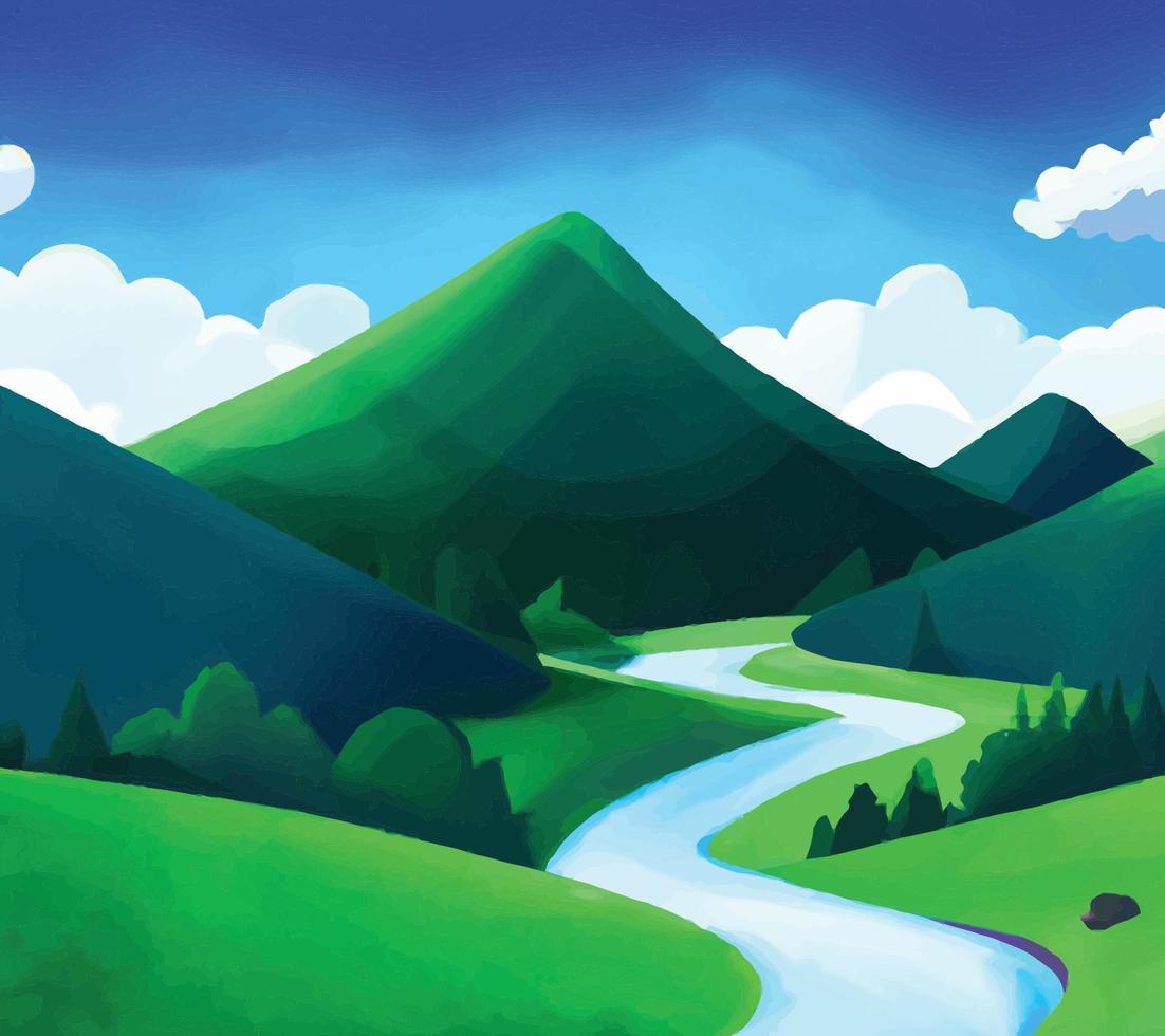 escena de la naturaleza con río y colinas, bosque y montaña, ilustración de  estilo de dibujos animados planos de paisaje 13534589 Vector en Vecteezy