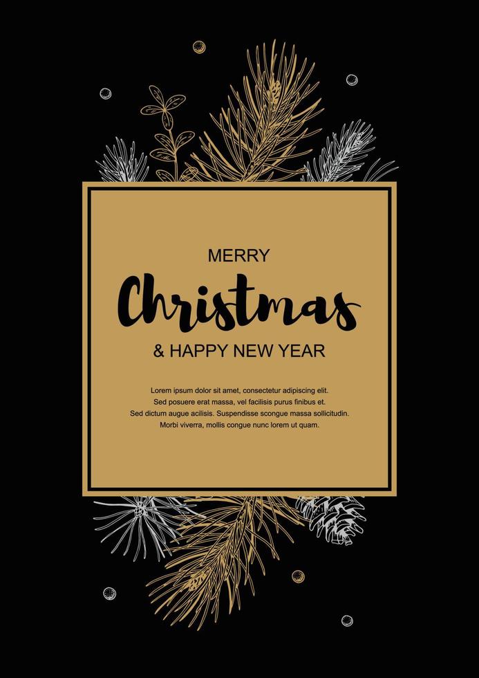 Merry Christmas and Happy New Year vertical design with hand drawn golden evergreen branches on black background. Vector illustration in sketch style