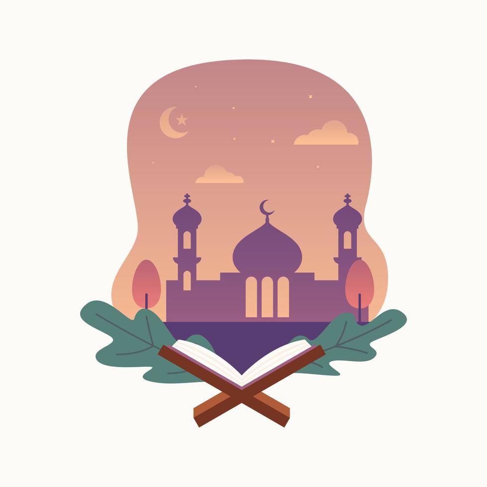 ilustración del diseño plano de quran aislado con fondo de mezquita - diseño de ilustración de vector de ramadan kareem.