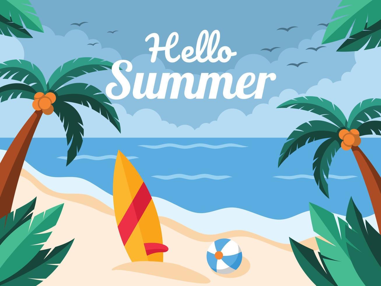 ilustración de fondo de paisaje de cartel de verano. ilustración de vector de vacaciones con una tabla de surf, pelota de playa y palmeras. ilustración vectorial plana.