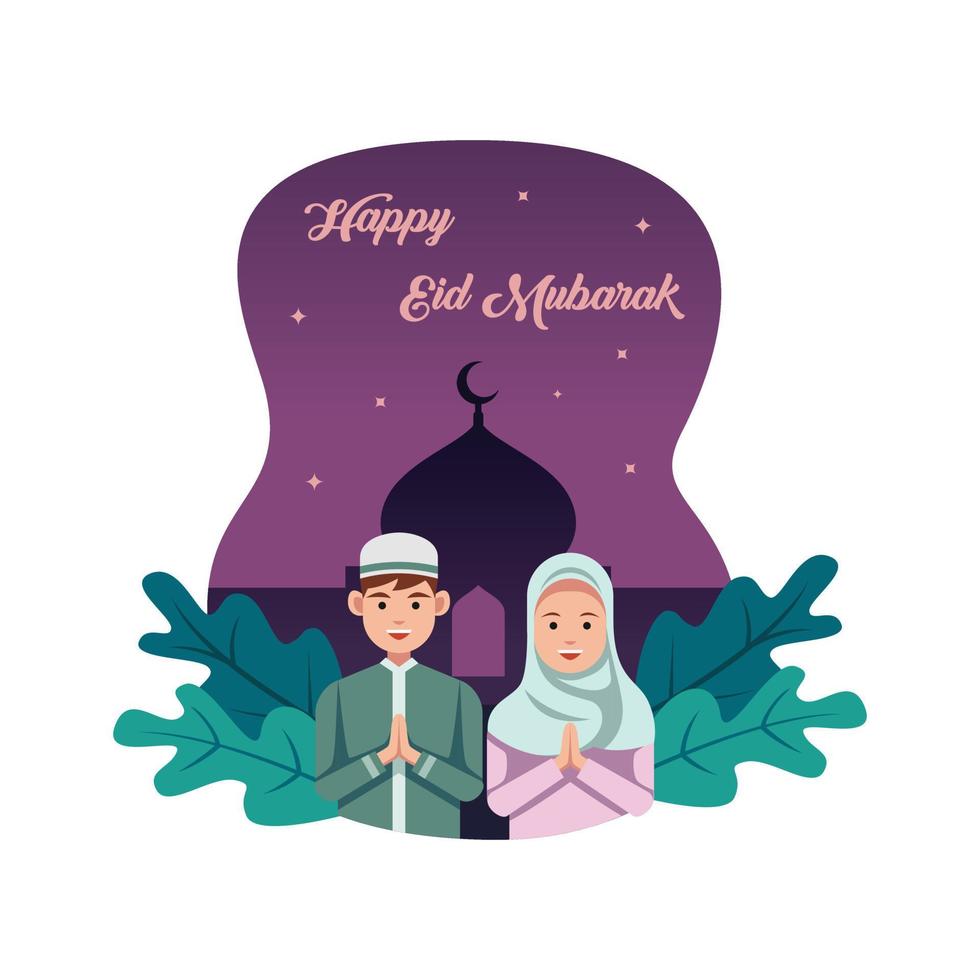 Illustration of A Couple Flat Design Happy Eid Mubarak - Islamic Background Vector Illustration Design.