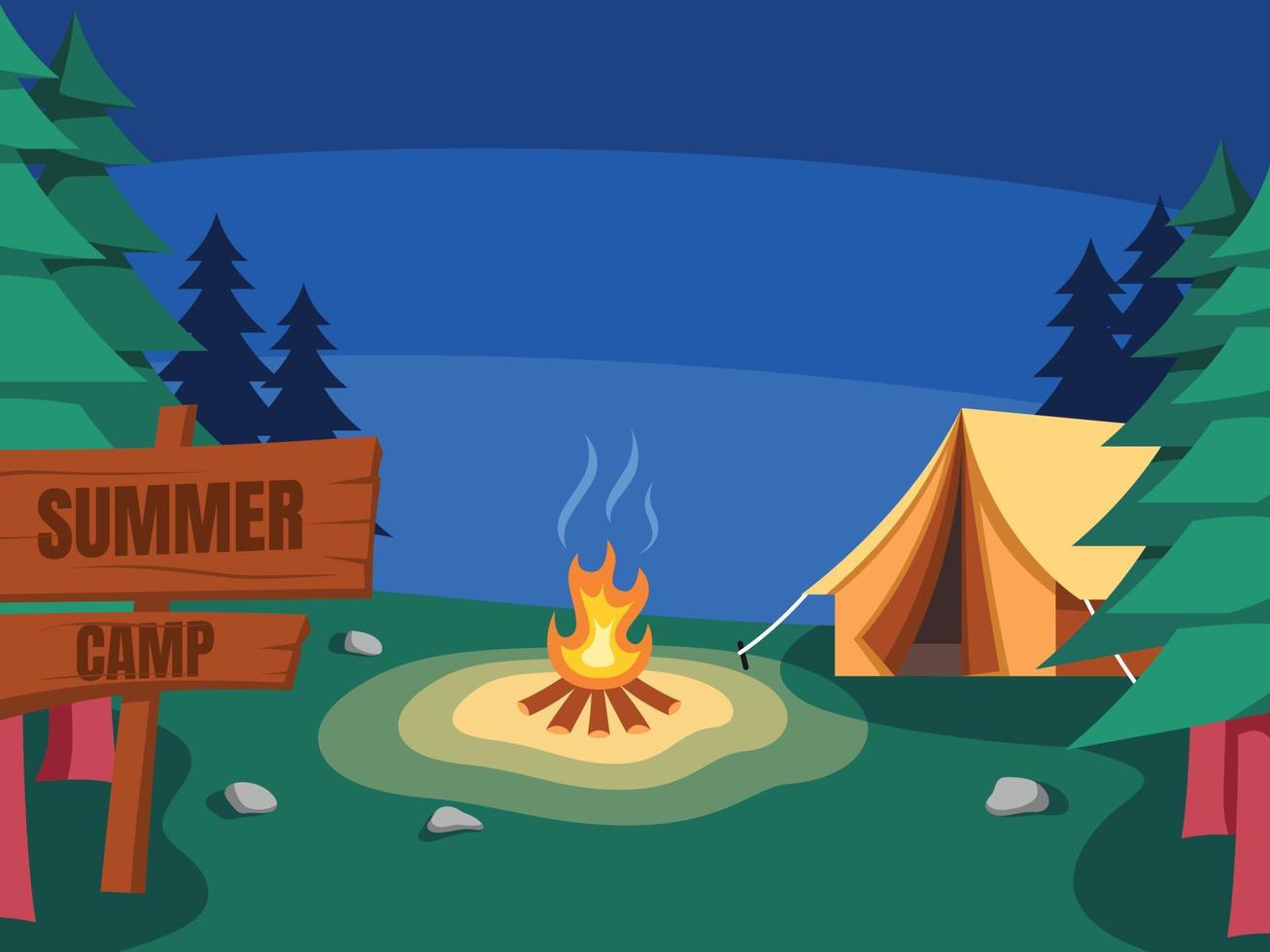 ilustración de camping y carpa con fogata en la noche en el fondo del concepto forestal. ilustración vectorial plana. vector