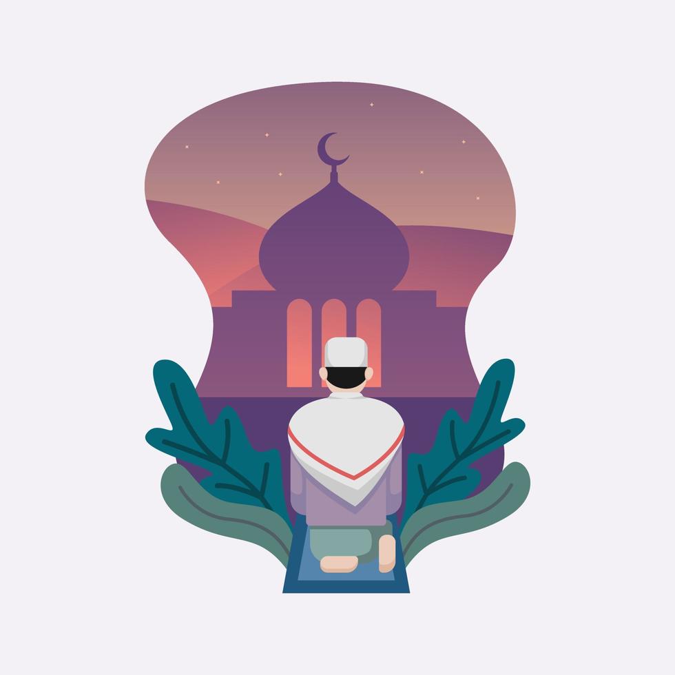 Illustration of Man Sholat Sit on a carpet - Flat Design Isolated with Mosque Background - Ramadan Kareem Vector Illustration Design.