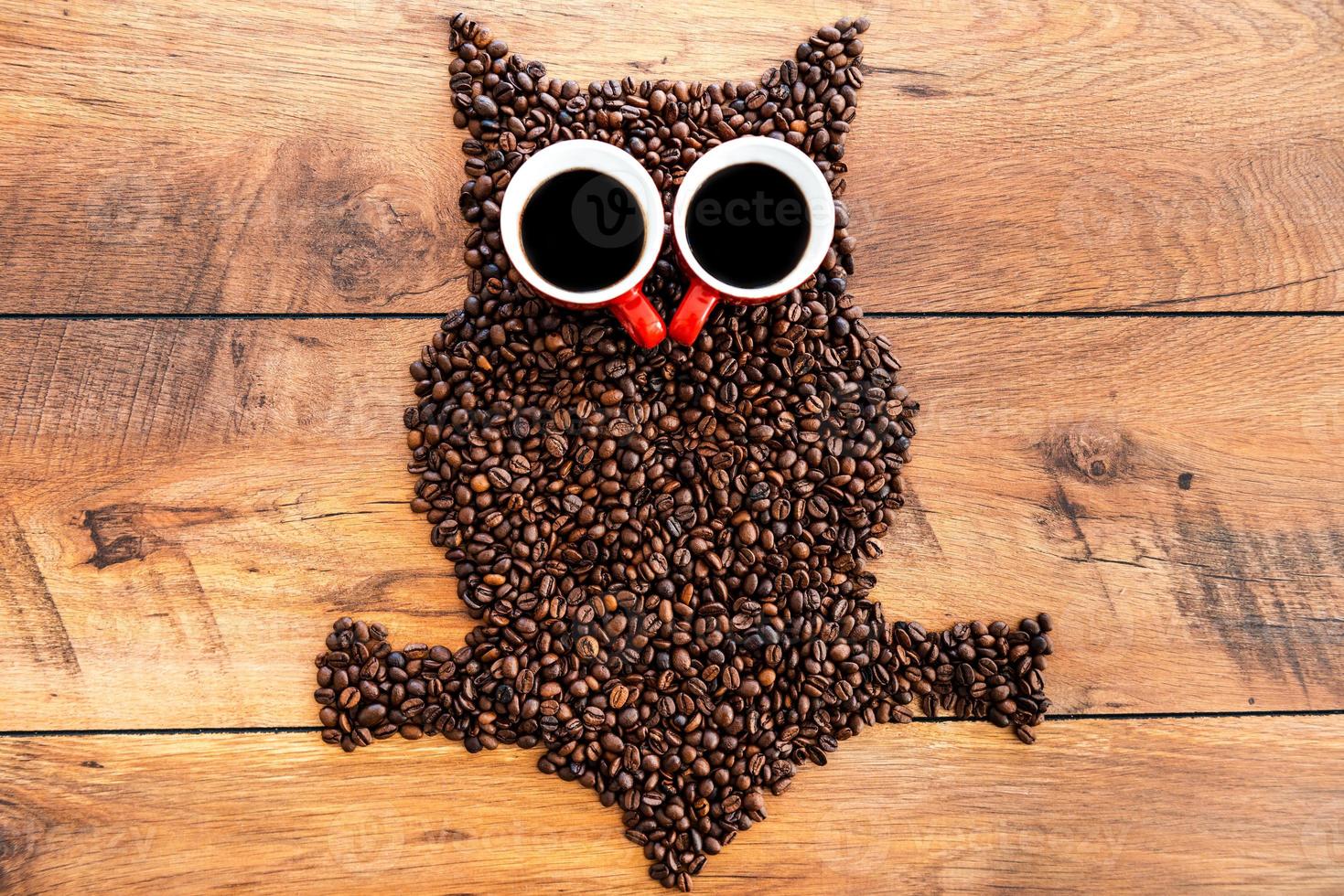 Coffee owl. Top view of funny owl made from coffee beans laying on the wooden desk photo