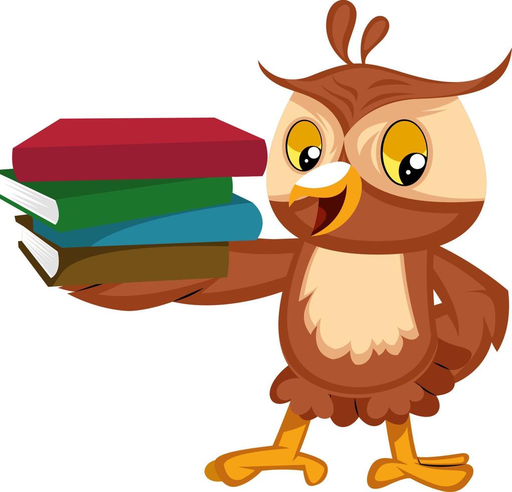 Owl with books, illustration, vector on white background.