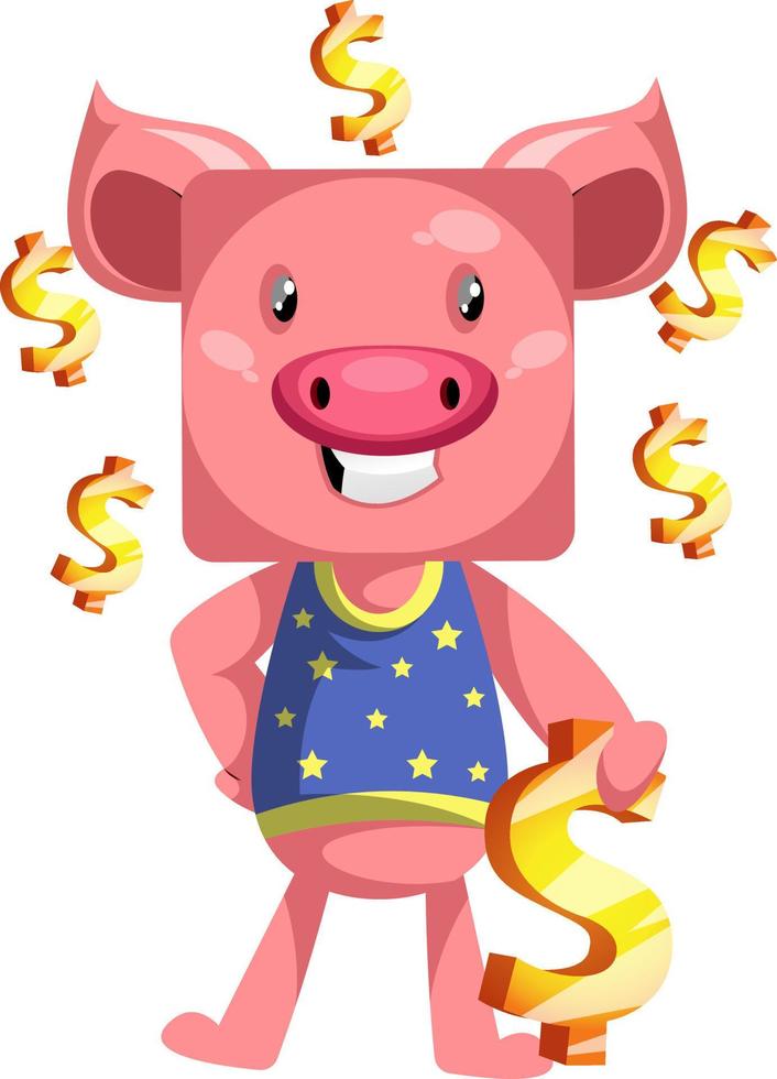 Pig with dollar sign, illustration, vector on white background.