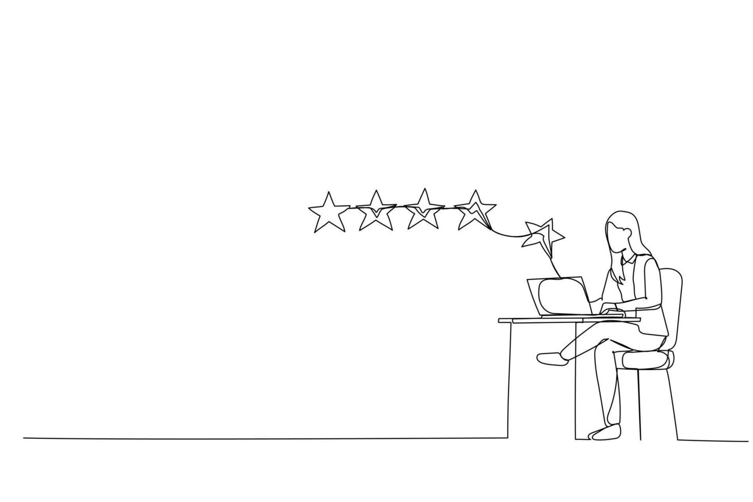 Cartoon of businesswoman with computer give review to increase rate. Single continuous line art style vector