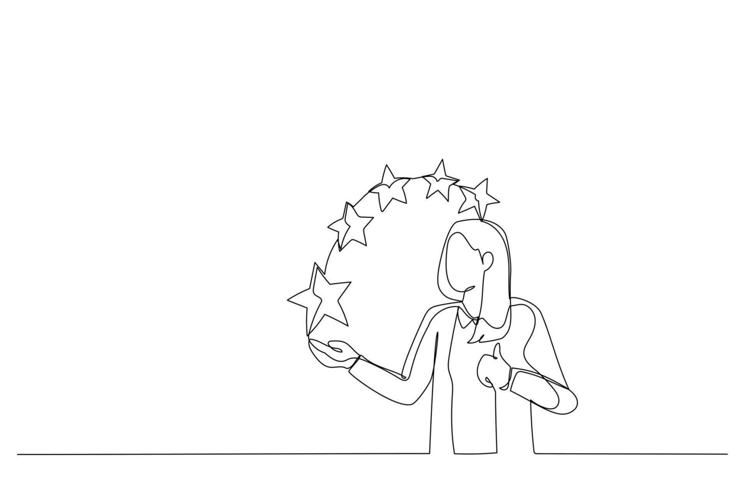 Illustration of businesswoman give five stars feedback. Metaphor for successful work. One line art style vector