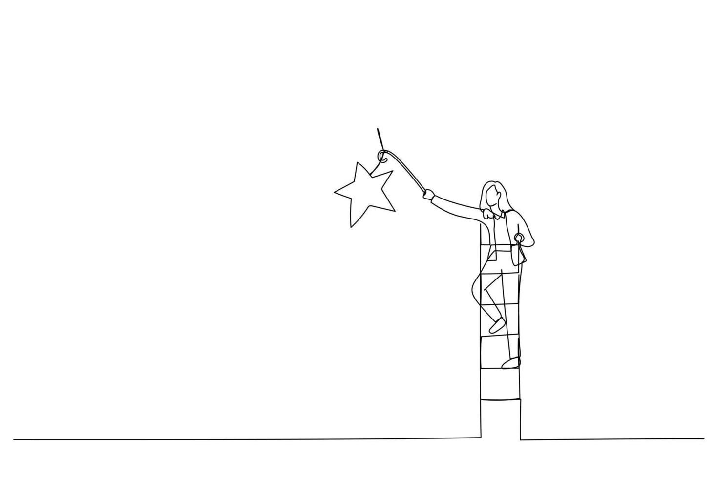 Drawing of businesswoman climbing up ladder to the top high into the sky to grab the star. One line style art vector