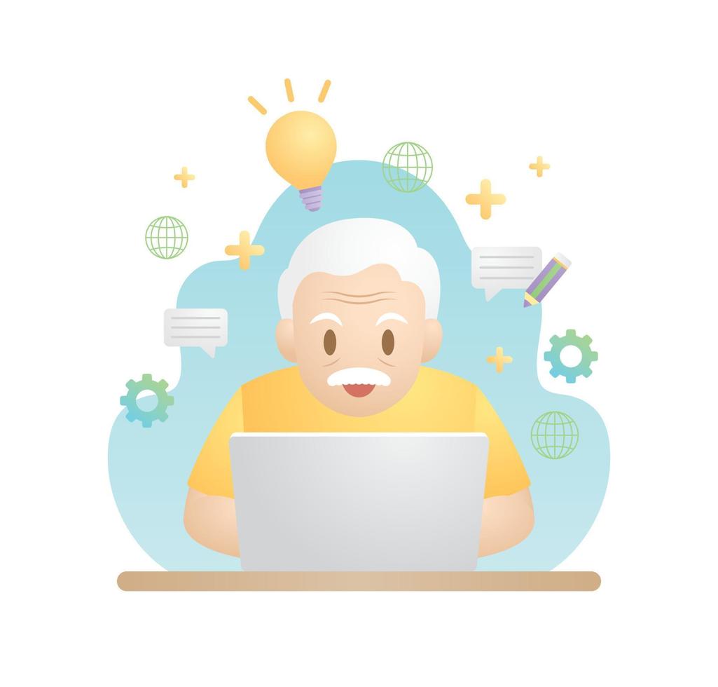 happy elderly man is using laptop for working or learning illustration vector