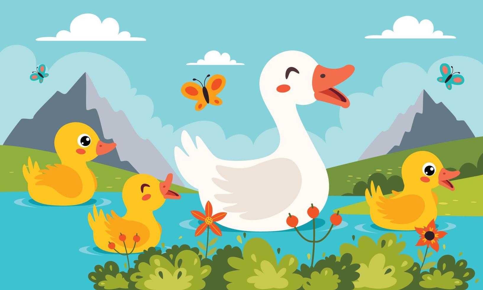 Mother And Baby Gooses Swimming At Lake vector