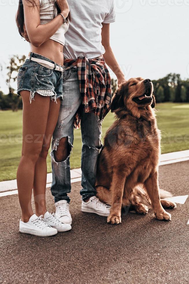 Enjoying great day together. Close-up of young modern couple with cute dog spending carefree time while standing outdoors photo