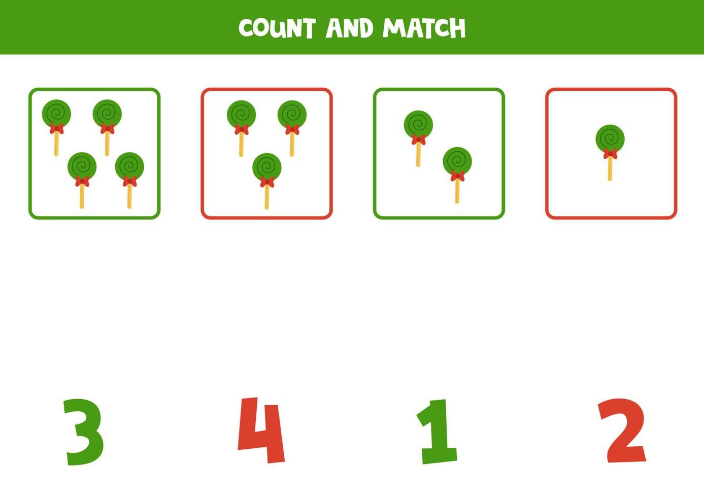 Counting game for kids. Count all Christmas lollipops and match with numbers. Worksheet for children. vector