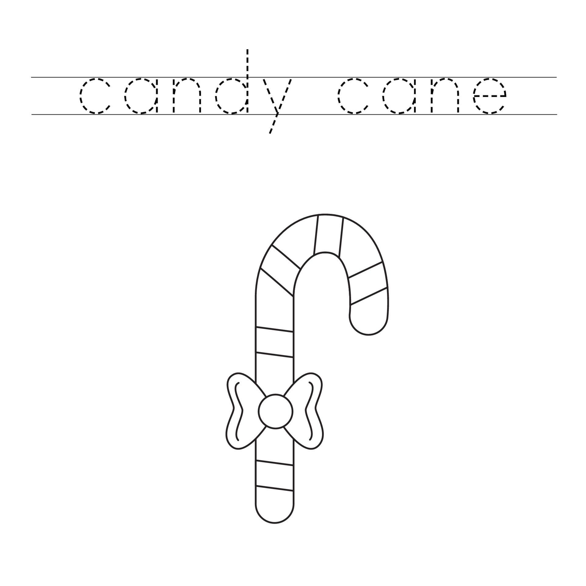 Trace the letters and color candy cane. Handwriting practice for kids