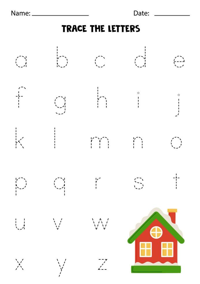 Worksheet with winter house. Trace lowercase letters of alphabet. vector