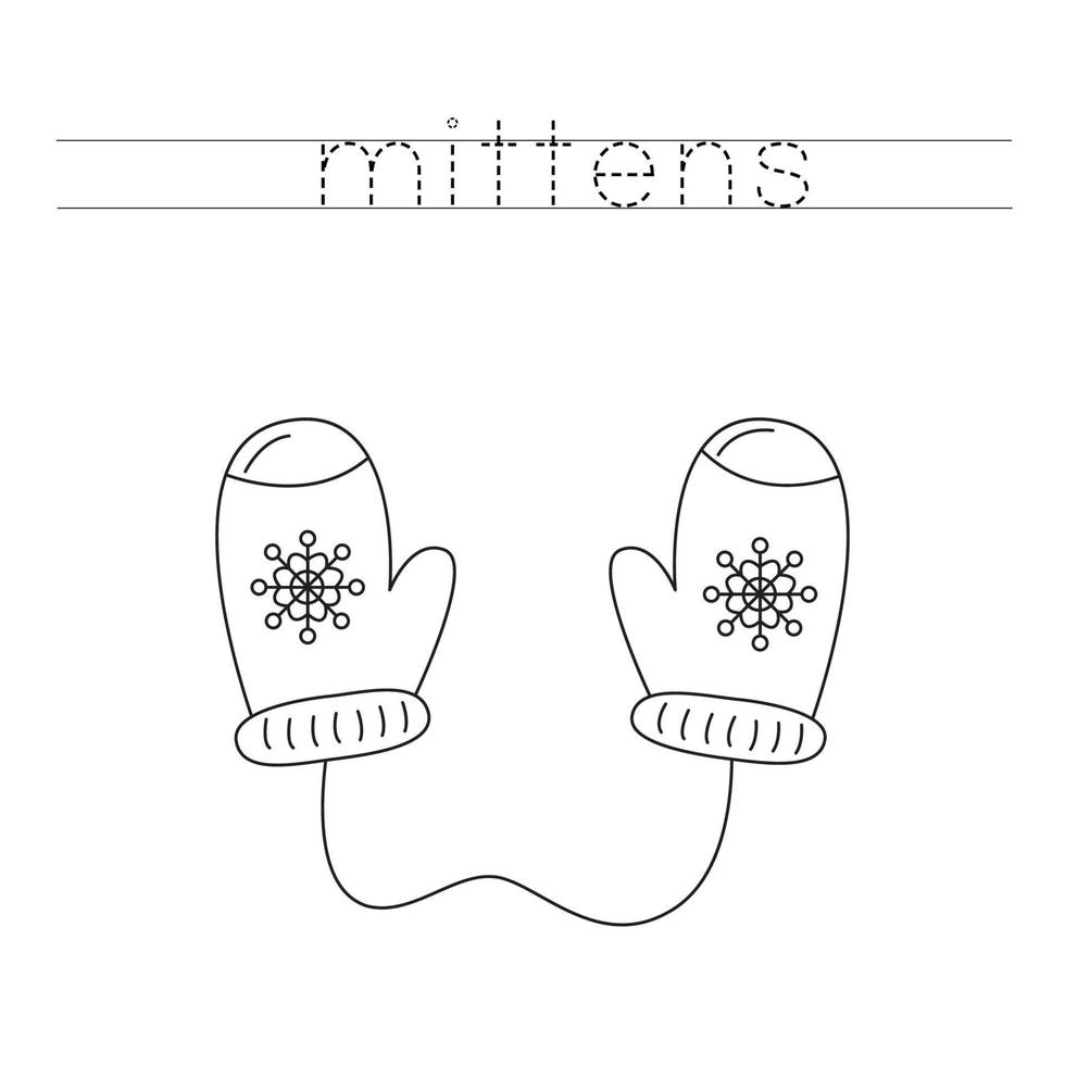 Trace the letters and color mittens. Handwriting practice for kids. vector