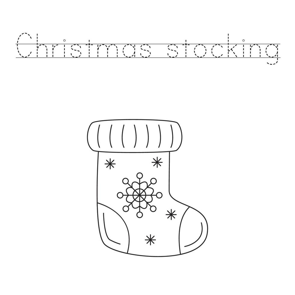 Trace the letters and color Christmas stocking. Handwriting practice for kids. vector