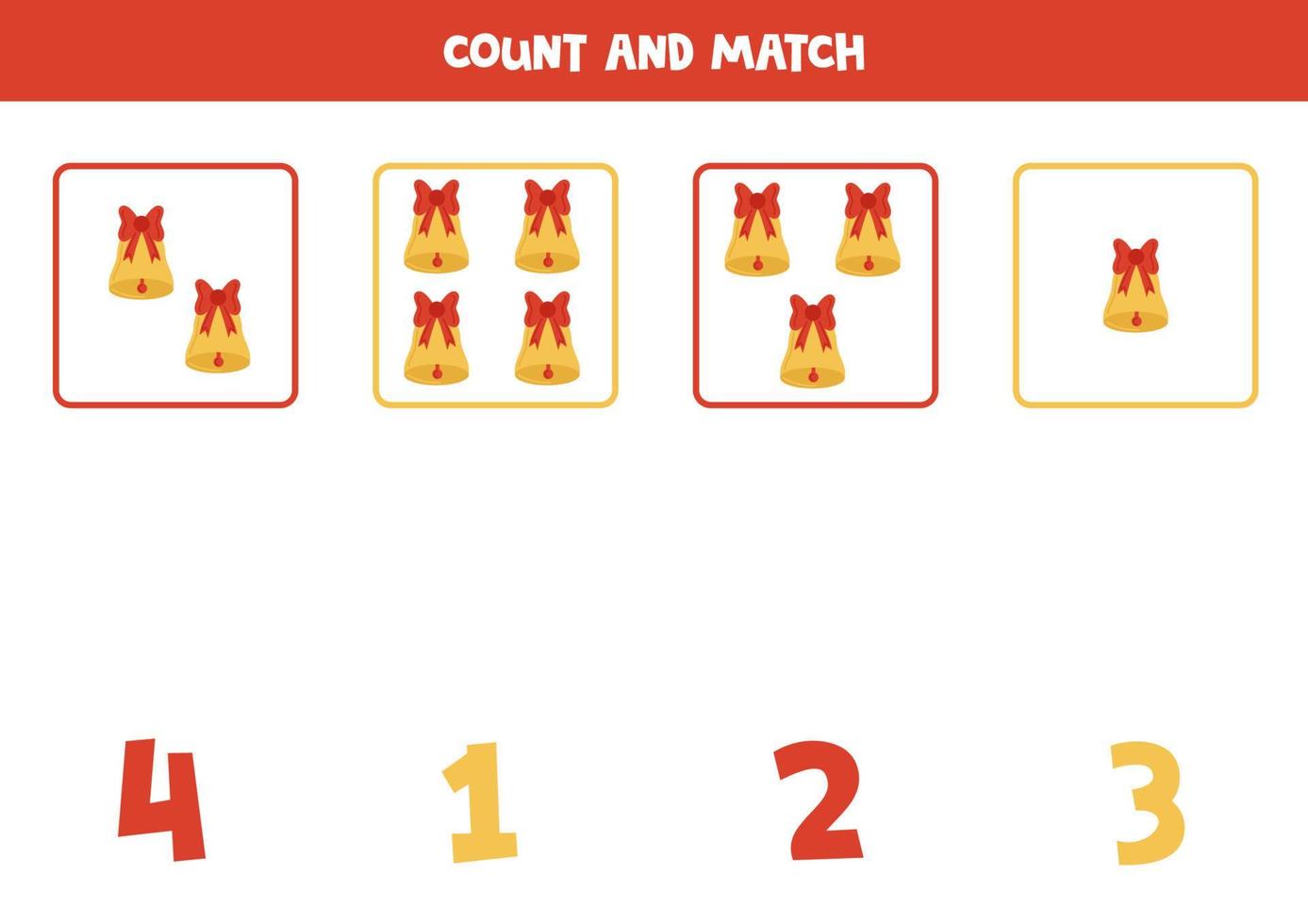 Counting game for kids. Count all Christmas bells and match with numbers. Worksheet for children. vector