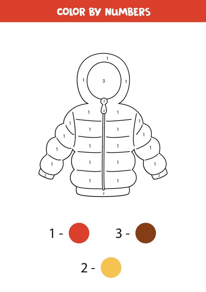 chaqueta de invierno de color por números. hoja de trabajo para niños. vector