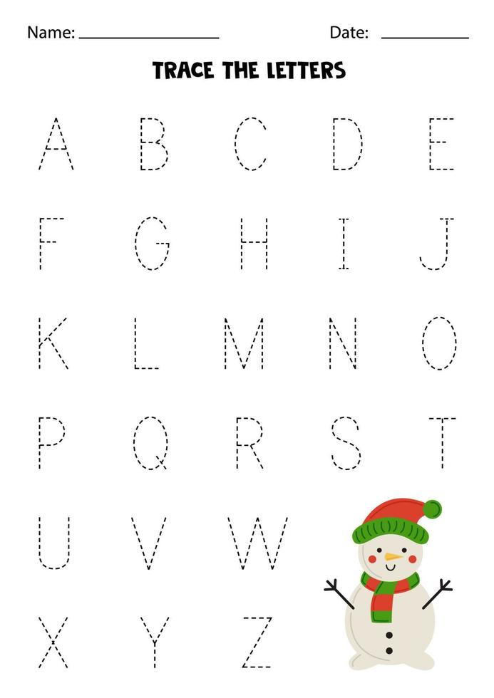 Worksheet with cute snowman. Trace uppercase letters of alphabet. vector