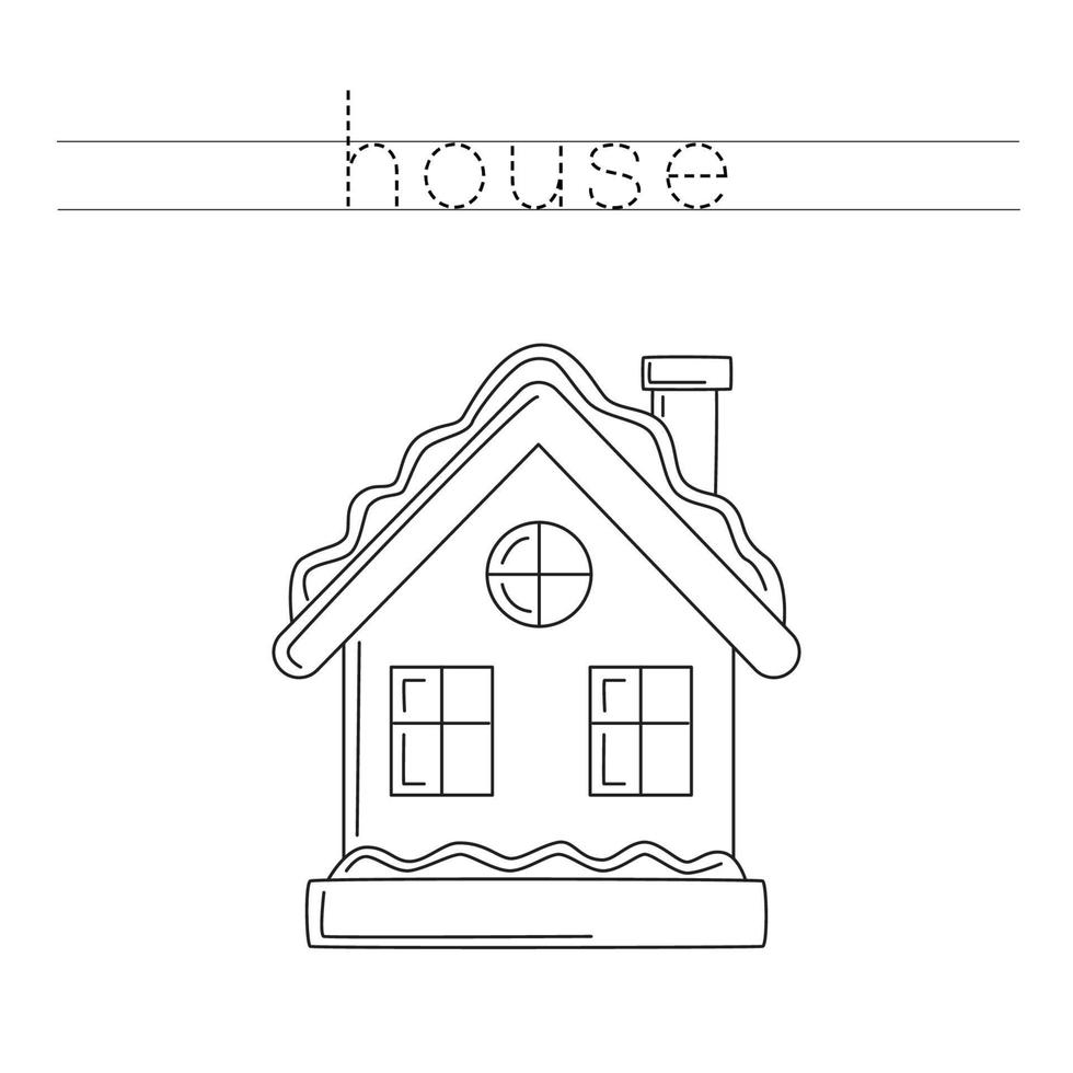 Trace the letters and color winter house. Handwriting practice for kids. vector