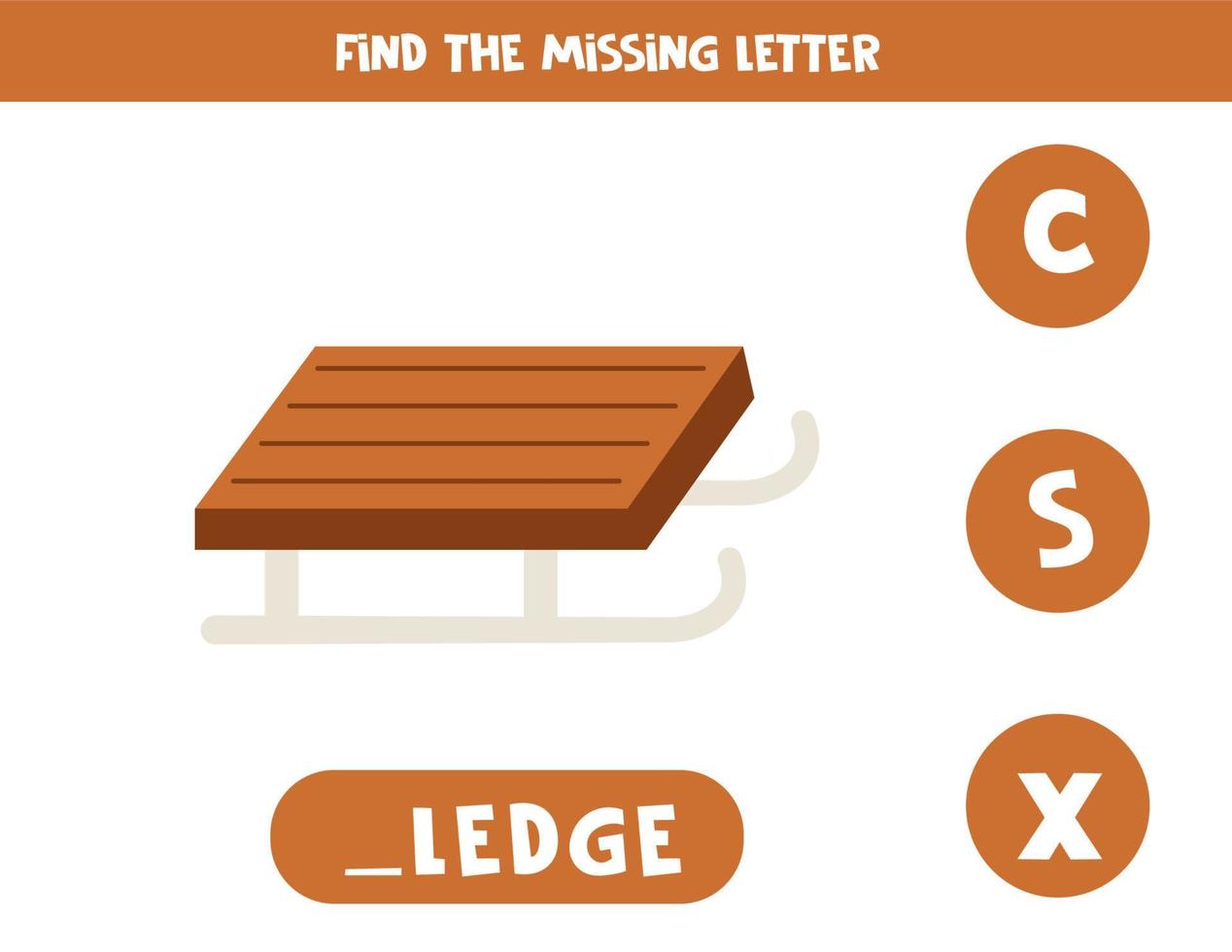 Find missing letter with winter sledge. Spelling worksheet. vector