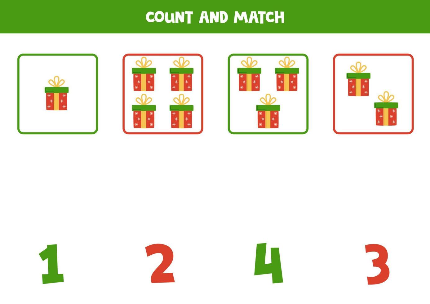 Counting game for kids. Count all Christmas presents and match with numbers. Worksheet for children. vector