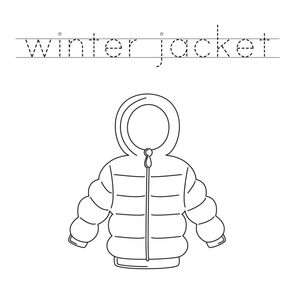 Trace the letters and color winter jacket. Handwriting practice for kids. vector