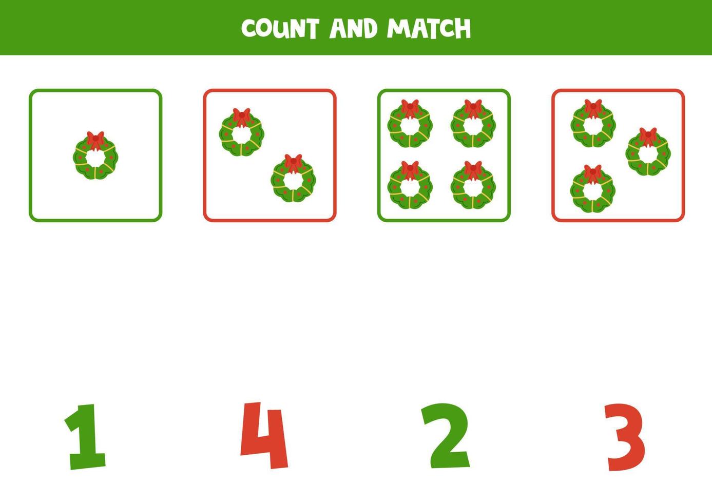 Counting game for kids. Count all Christmas wreaths and match with numbers. Worksheet for children. vector