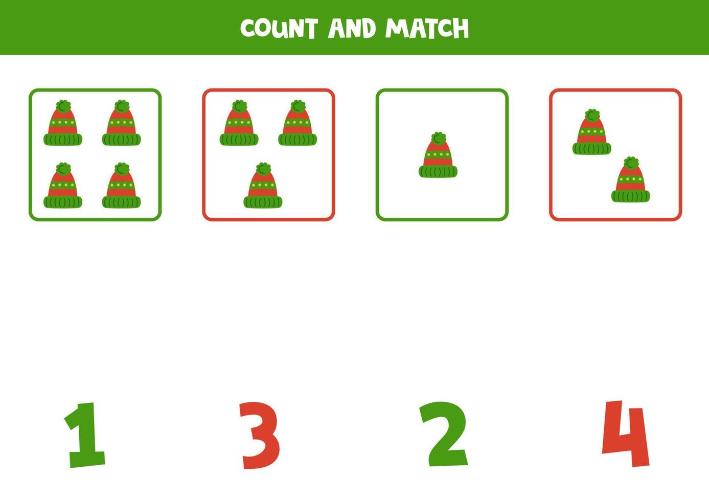 Counting game for kids. Count all winter hats and match with numbers. Worksheet for children. vector