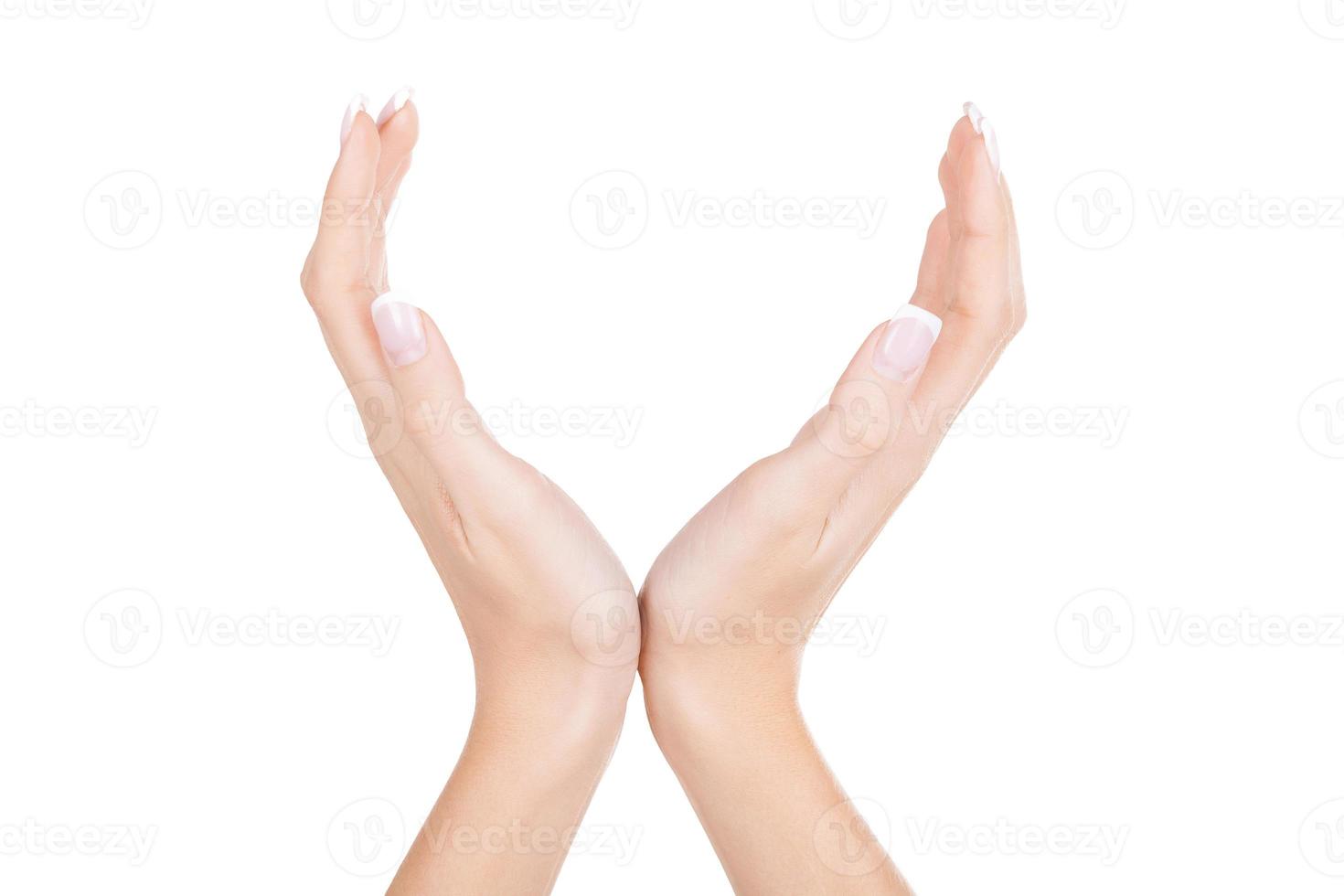 Hands gesturing. Close-up of female hands gesturing while isolated on white background photo