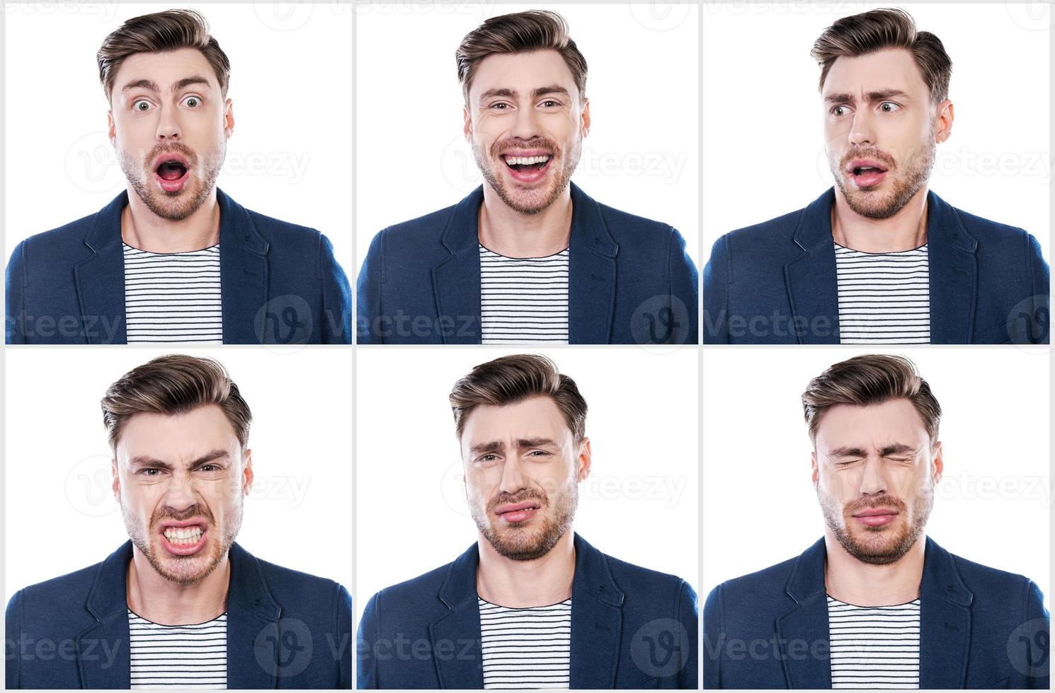 emociones verdaderas. collage de un joven apuesto que expresa diferentes emociones mientras se enfrenta a un fondo blanco foto