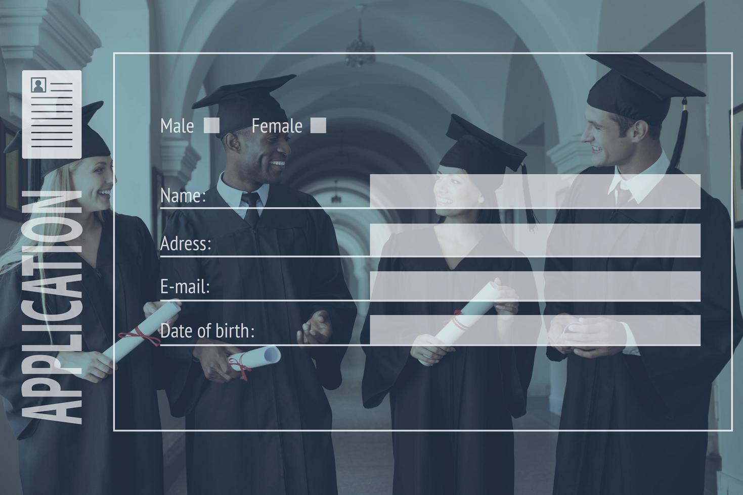 Bright future. Picture of four cheerful students at graduation with digitally composed application form over it photo