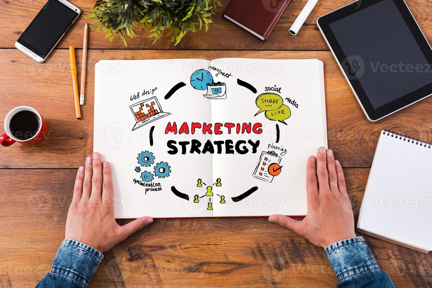 Planning marketing strategy. Top view close-up image of man holding hands on his notebook with colorful sketches while sitting at the wooden desk photo