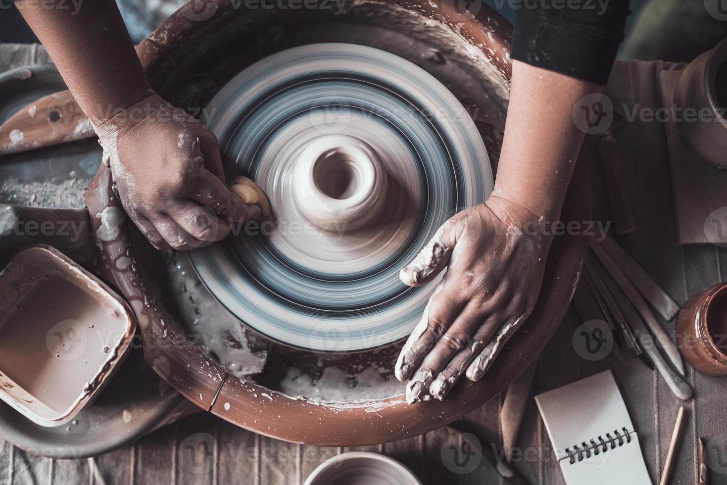 Hands working on pottery wheel. Sculptor, Potter. Human Hands