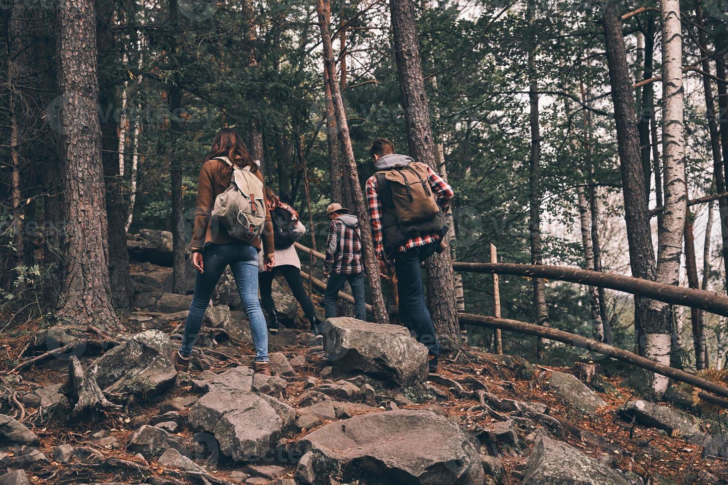 Best hobby ever. Full length rear view of young people in warm clothing moving up while hiking together in the woods photo