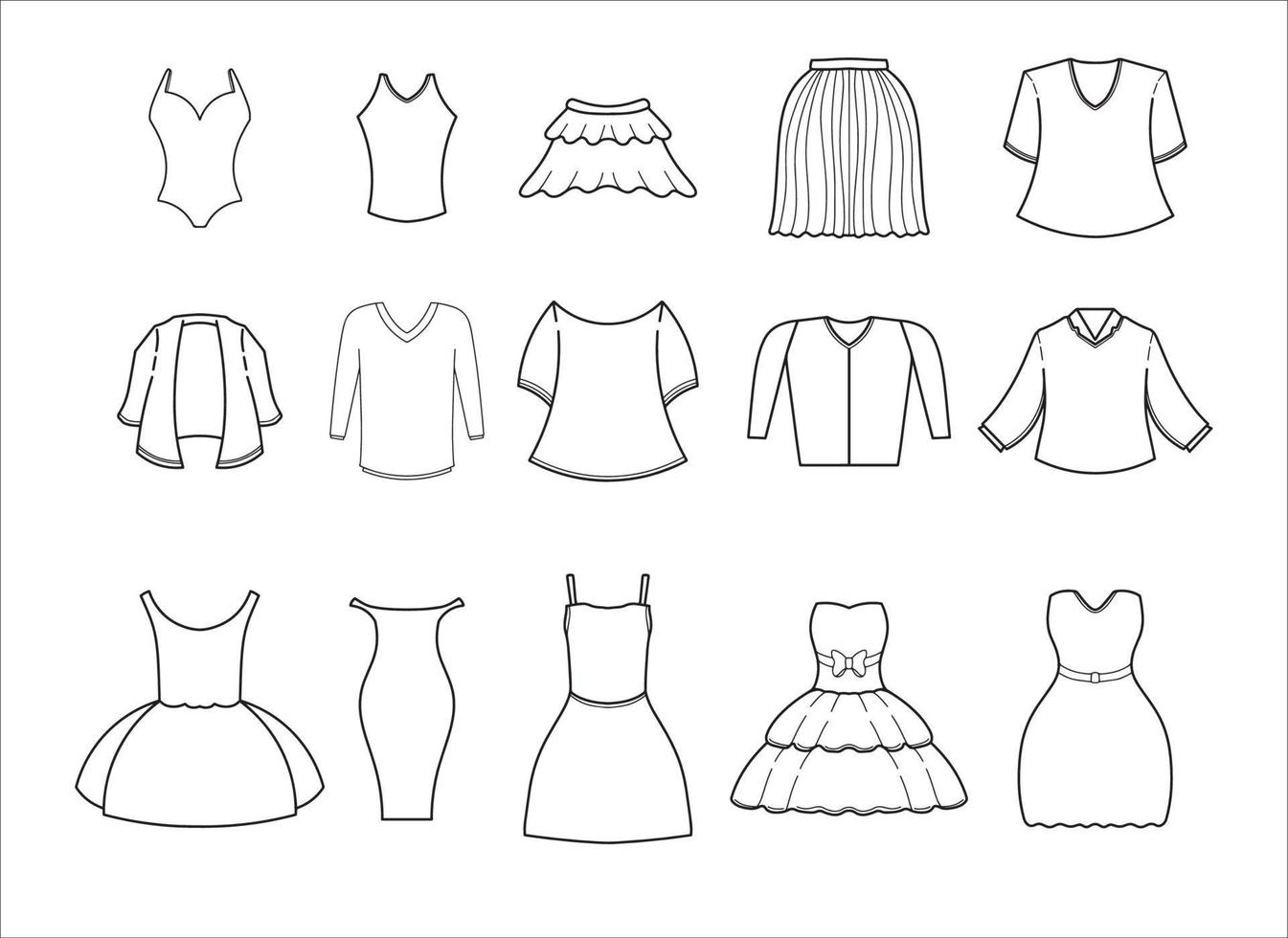 Set of Women's Clothes Outline Vector