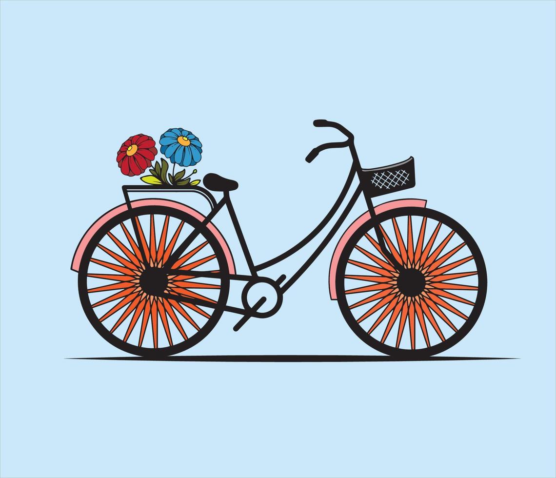 vector, de, bicicleta, cesta, con, floral, coloreado, en, un, fondo azul vector