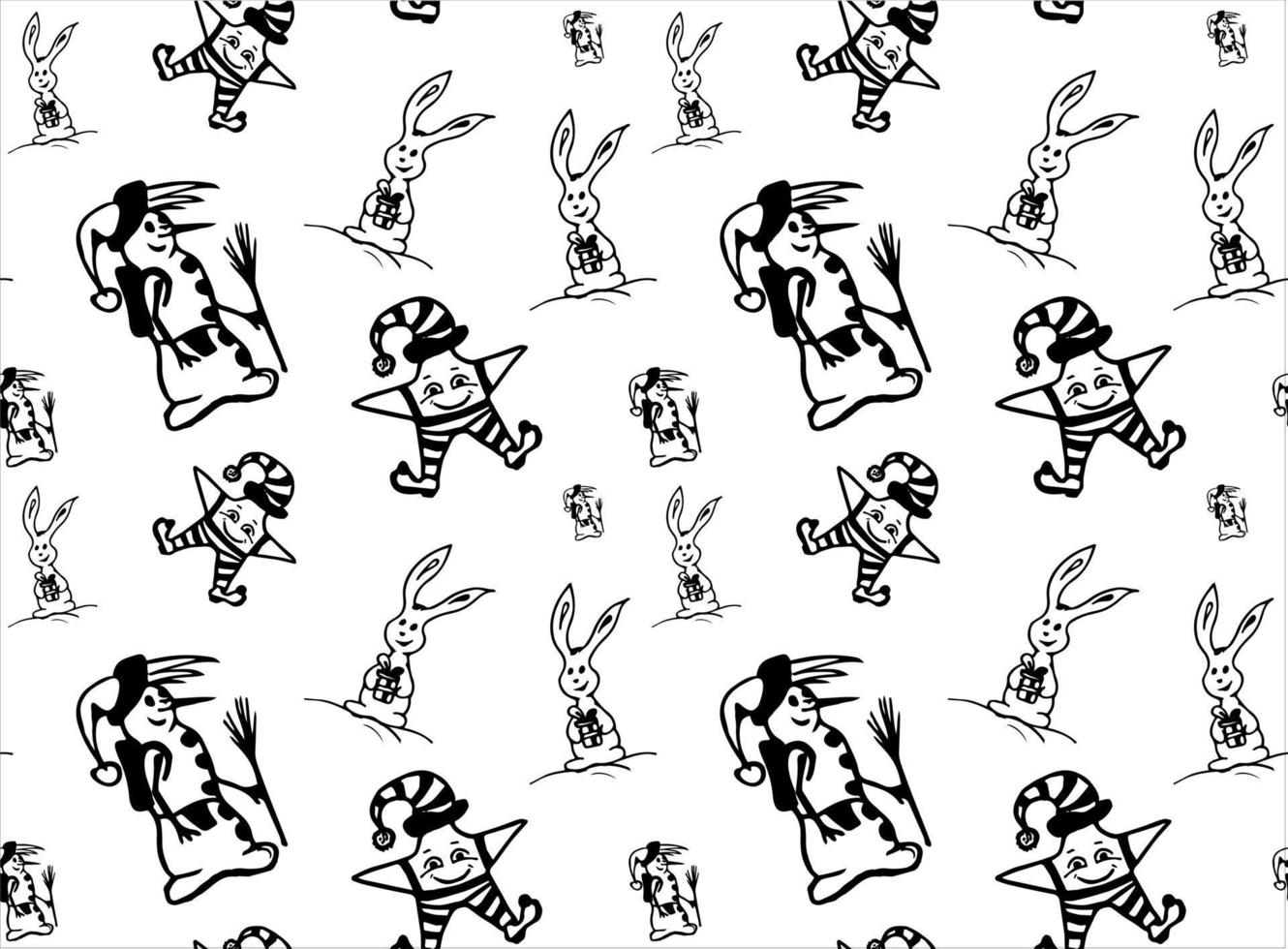 Doodle Christmas background. Pattern with snowmen, rabbit and star in funny pants. Black and white colors. Vector illustration