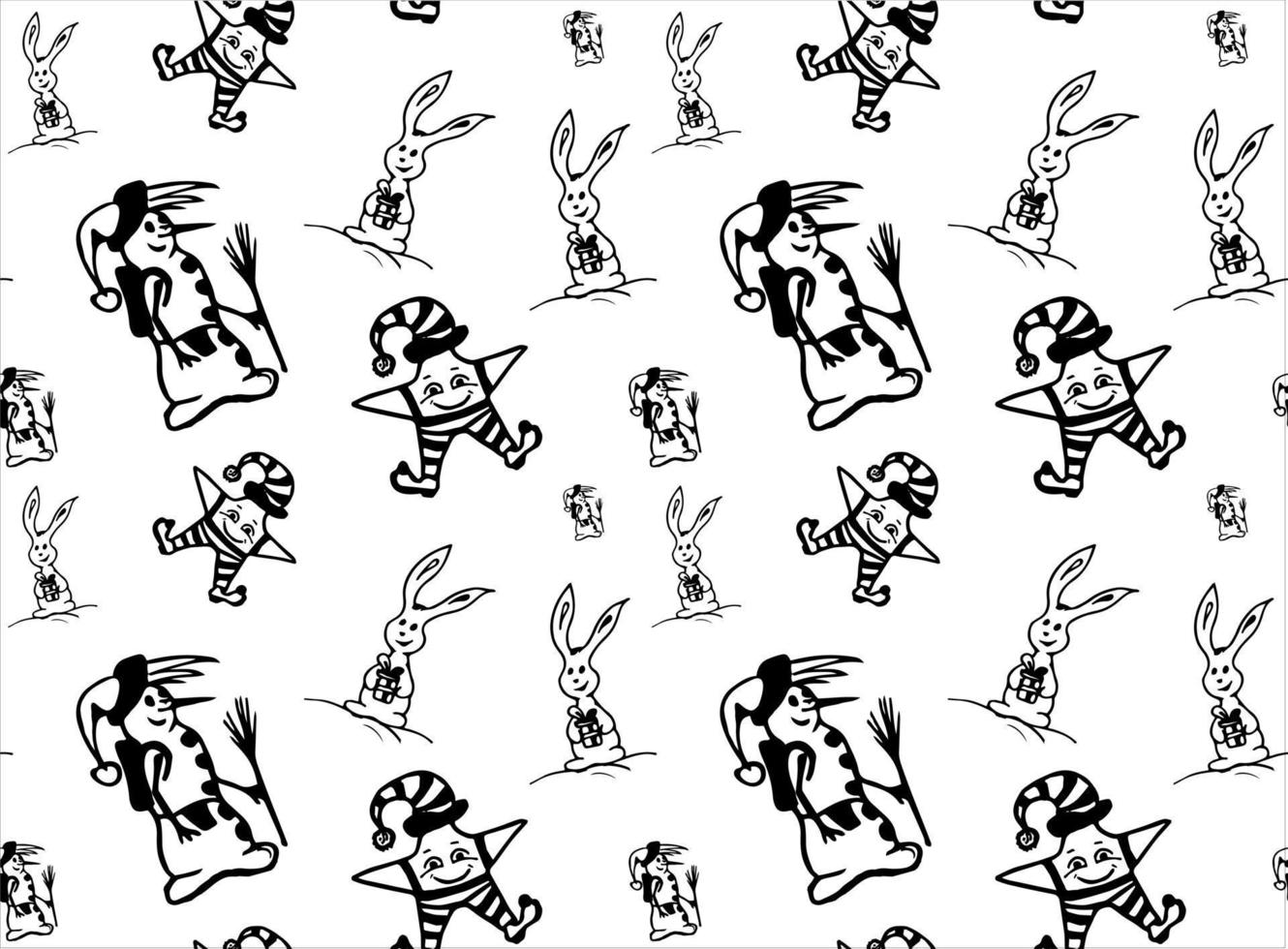 Doodle Christmas background. Pattern with snowmen, rabbit and star in funny pants. Black and white colors. Vector illustration