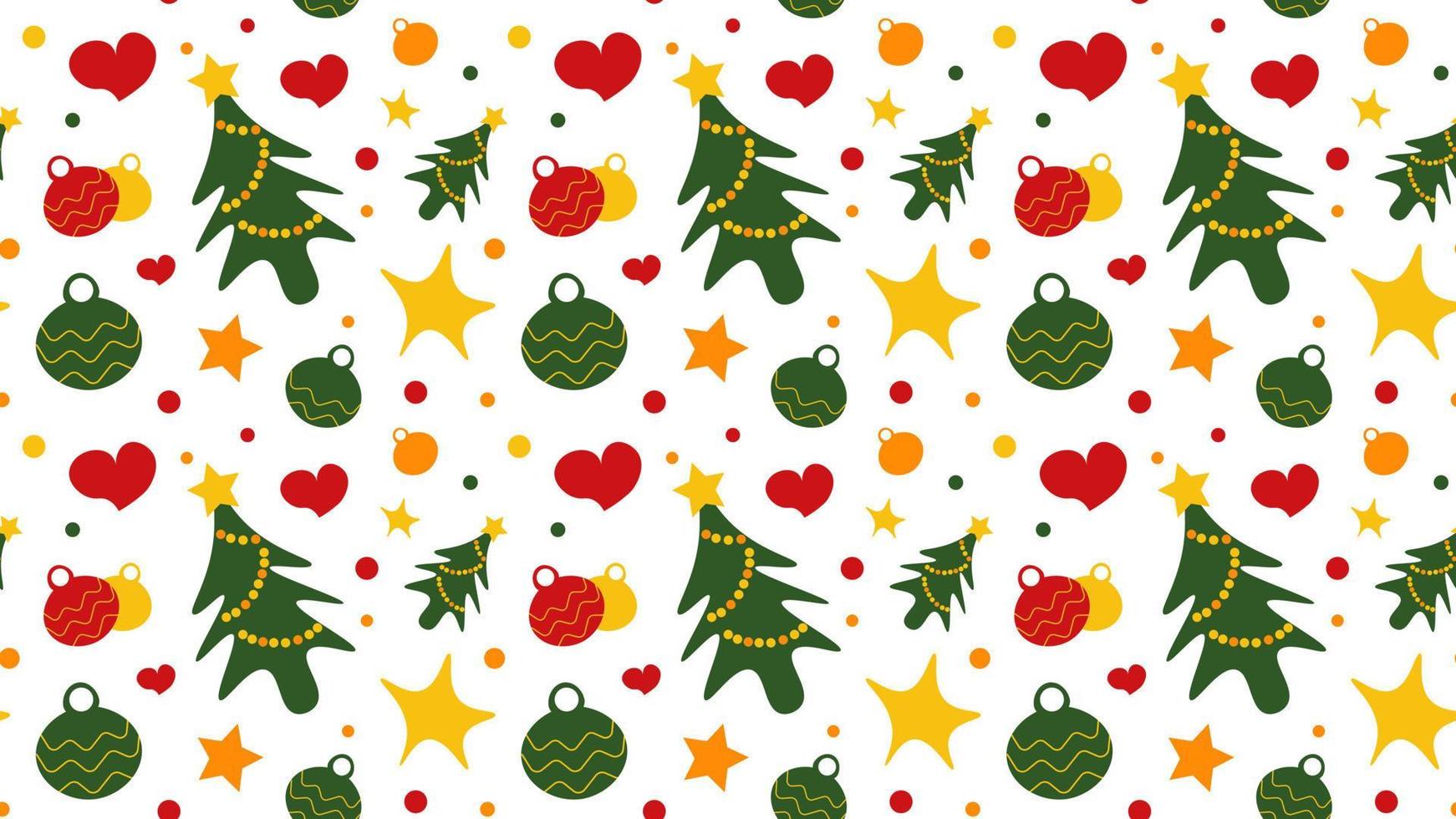 Christmas seamless pattern. Pattern with Christmas trees, balls and garlands. Red, green and yellow colors. Vector image