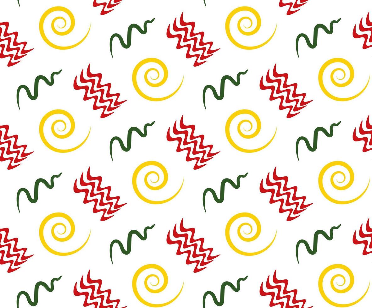 Geometric Seamless pattern of simple shape. Red, yellow and green waves, curls, twist on a white background. Vector illustration