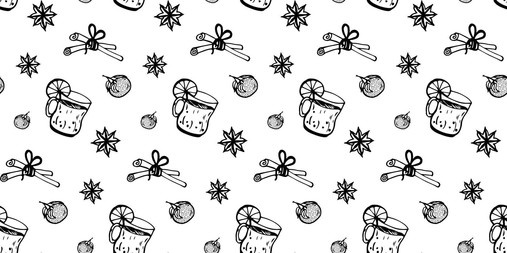 Christmas seamless doodle style. Tangerine, oranges cinnamon, vanilla, hot drink for Christmas. Vector illustration.