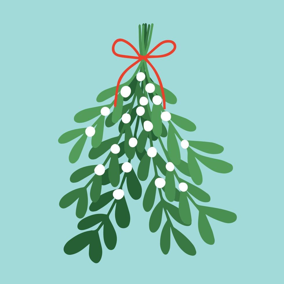 Christmas mistletoe tied with red ribbon vector illustration. Christmas greeting card with winter mistletoe branch