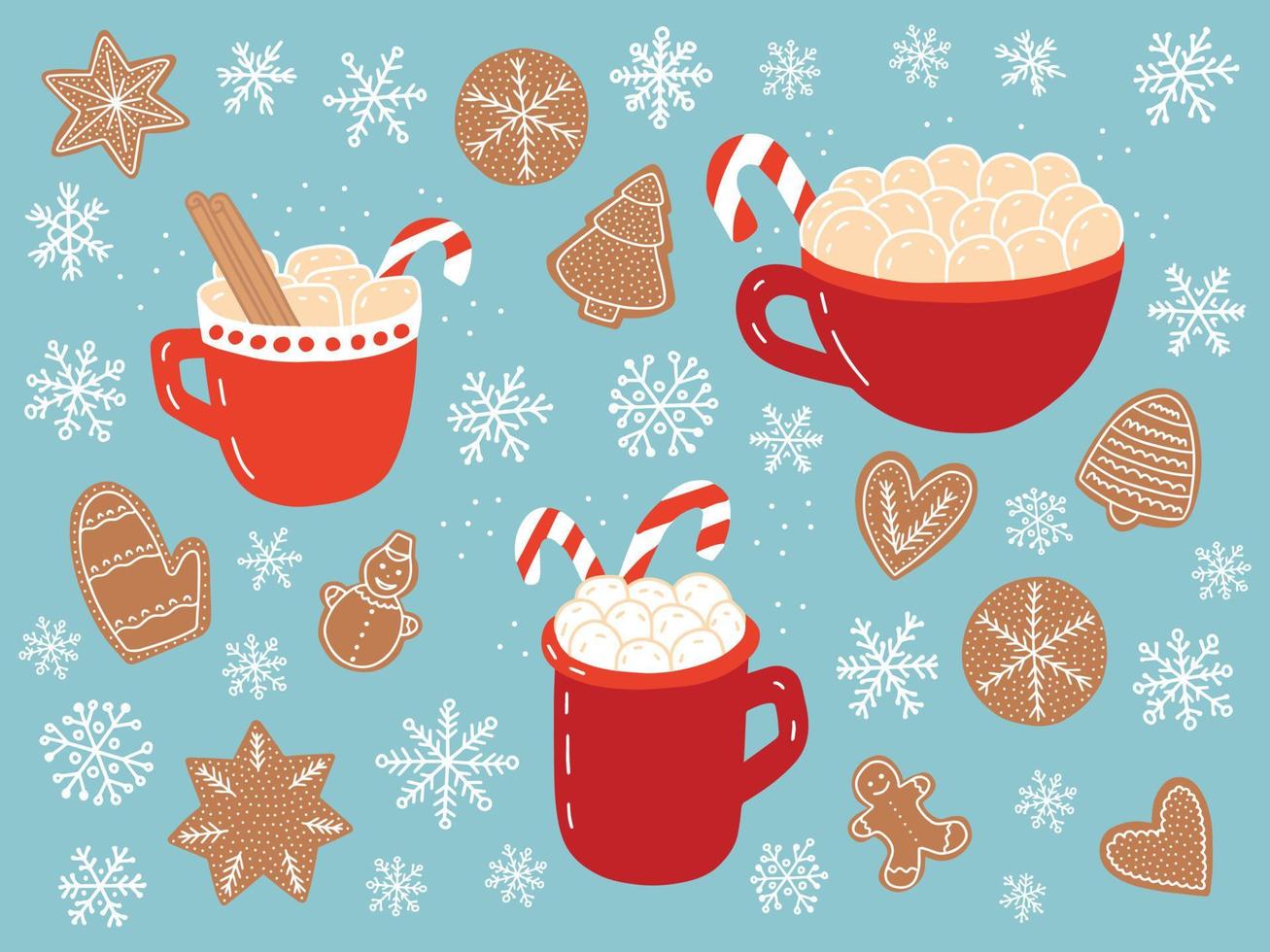 Christmas set with hot chocolate cup and marshmallows. Vector Christmas ginger cookie and hot winter drinks set.