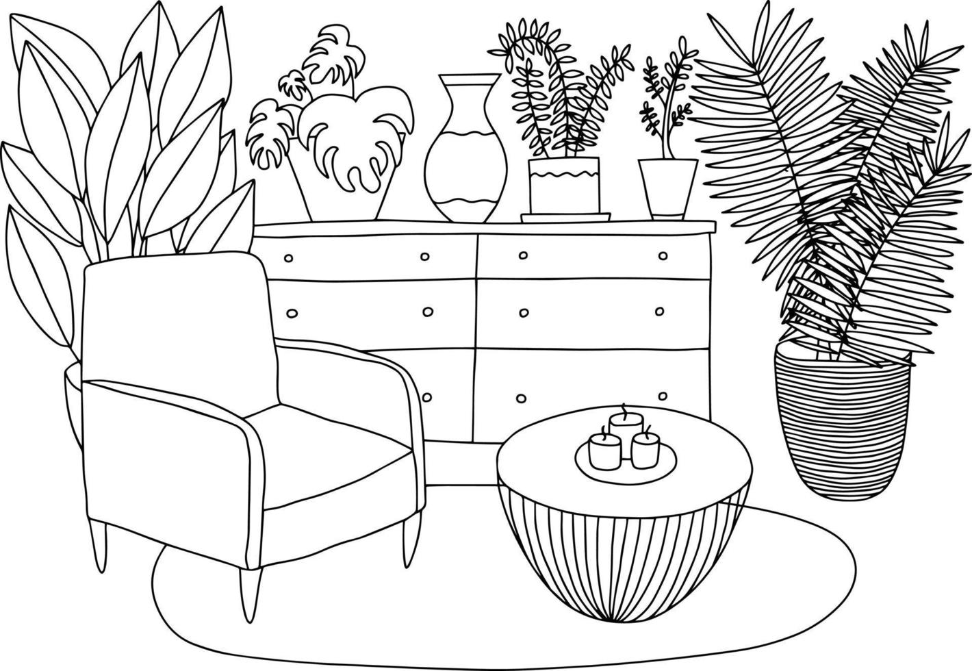 Living room interior coloring page. Cozy  interior design living room. Coloring page for children and adults vector