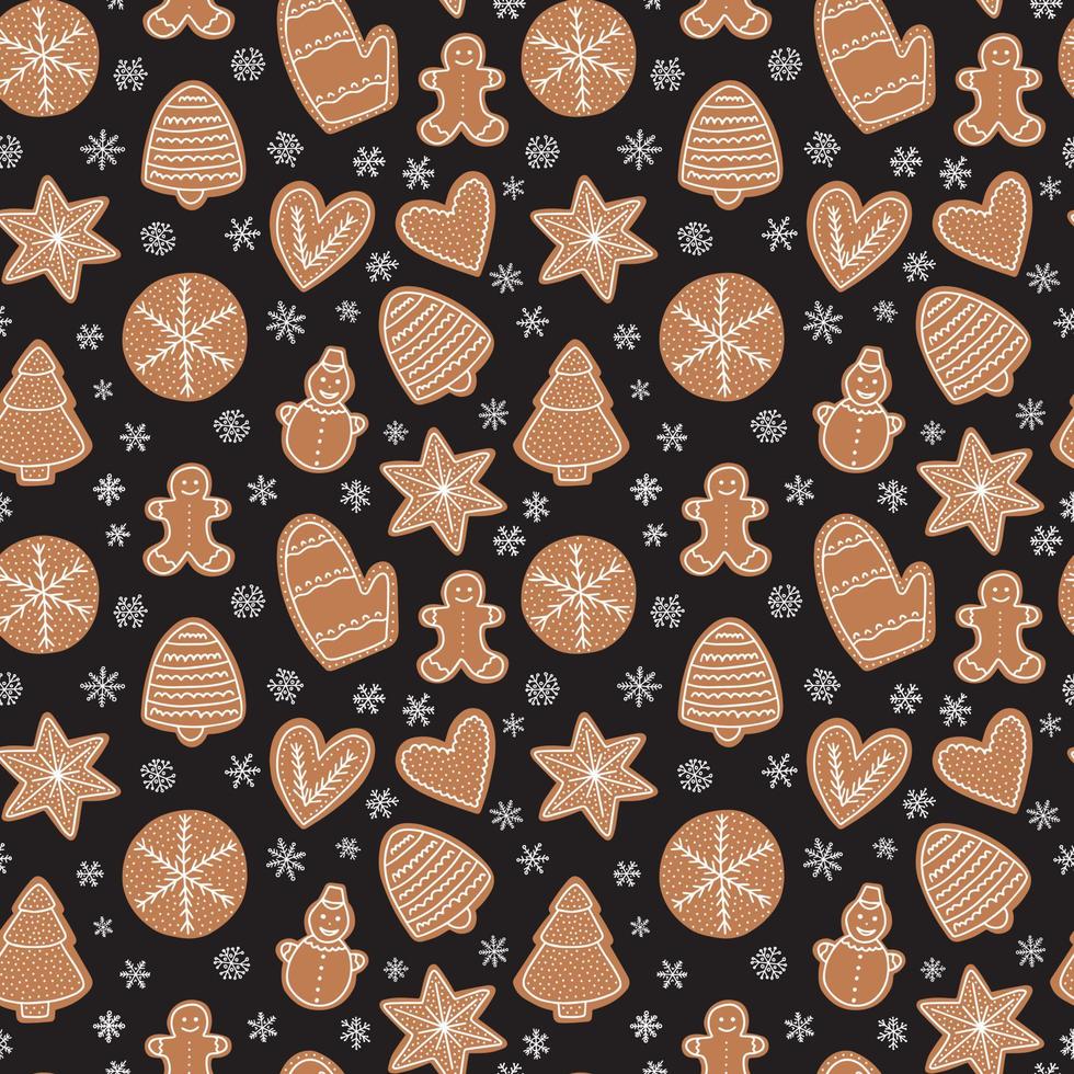Christmas ginger cookie seamless pattern. Vector gingerbread cookies with white icing pattern on black background.
