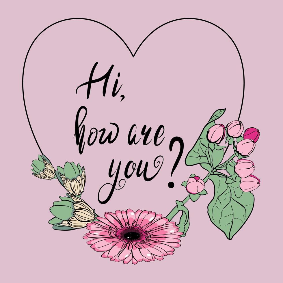 Greeting card with heart frame, floral decoration and lettering inside vector