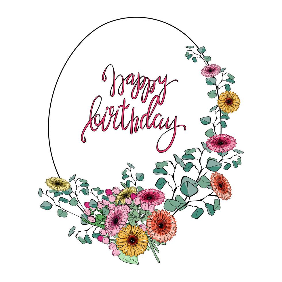 Congratulation card frame with bouquet of flowers and eucalyptus branches with lettering vector